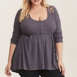Grey lace waffle knit babydoll top